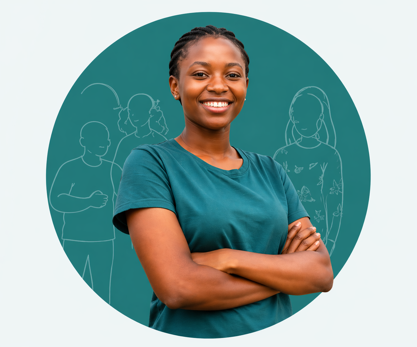Woman smiling with arms crossed in front of teal circle with community silhouettes